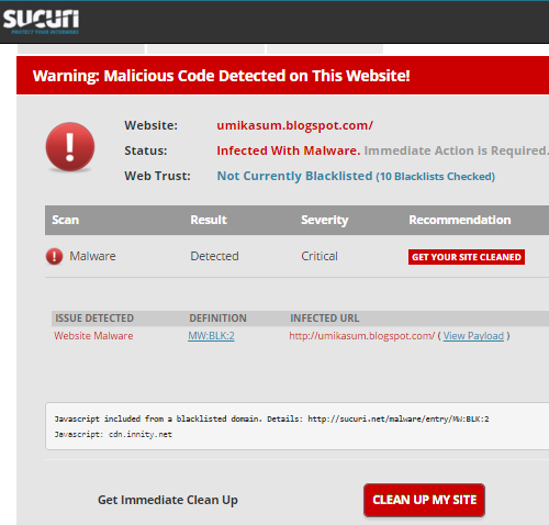 Script kod iklan Innity ada malware. Jom semak blog ada jangkitan malware ataupun tak dengan scan menggunakan Sucuri.Net.