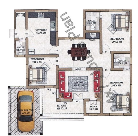 Simple 3 Bedroom Low Cost Kerala Home Plan with Pooja Room - Kerala