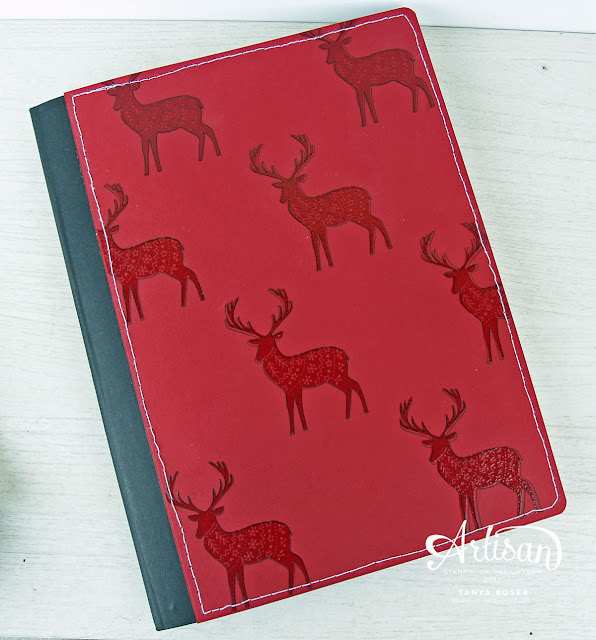 Stampin' Up!'s Merry Patterns is used here to alter a composition notebook. It is now a festive holiday journal or planner! ~Tanya Boser for the 2017 Artisan Design Team