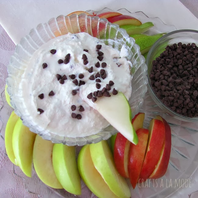 chocolate mini chips in dip made with ricotta, yogurt and Cool Whip