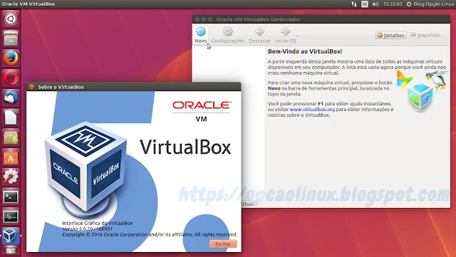 Oracle VirtualBox versão 5.0.20 executando no Ubuntu 16.04 LTS (Xenial Xerus)