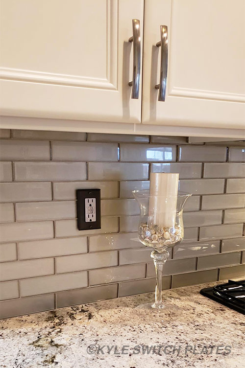 Kyle Switch Plates Dark Bronze Wall Plates for a Tiled Kitchen Backsplash