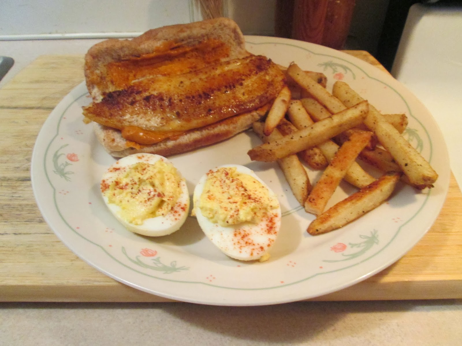 Diab2Cook Blackened Tilapia Fish Sandwich w/ Deviled Eggs and Baked Fries