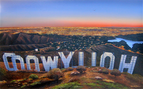 Pintura do letreiro de Hollywood visto por trás, com a paisagem da cidade ao fundo