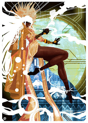 Stylised illustration of a lady in a flowing dress with a glowing halo around her head