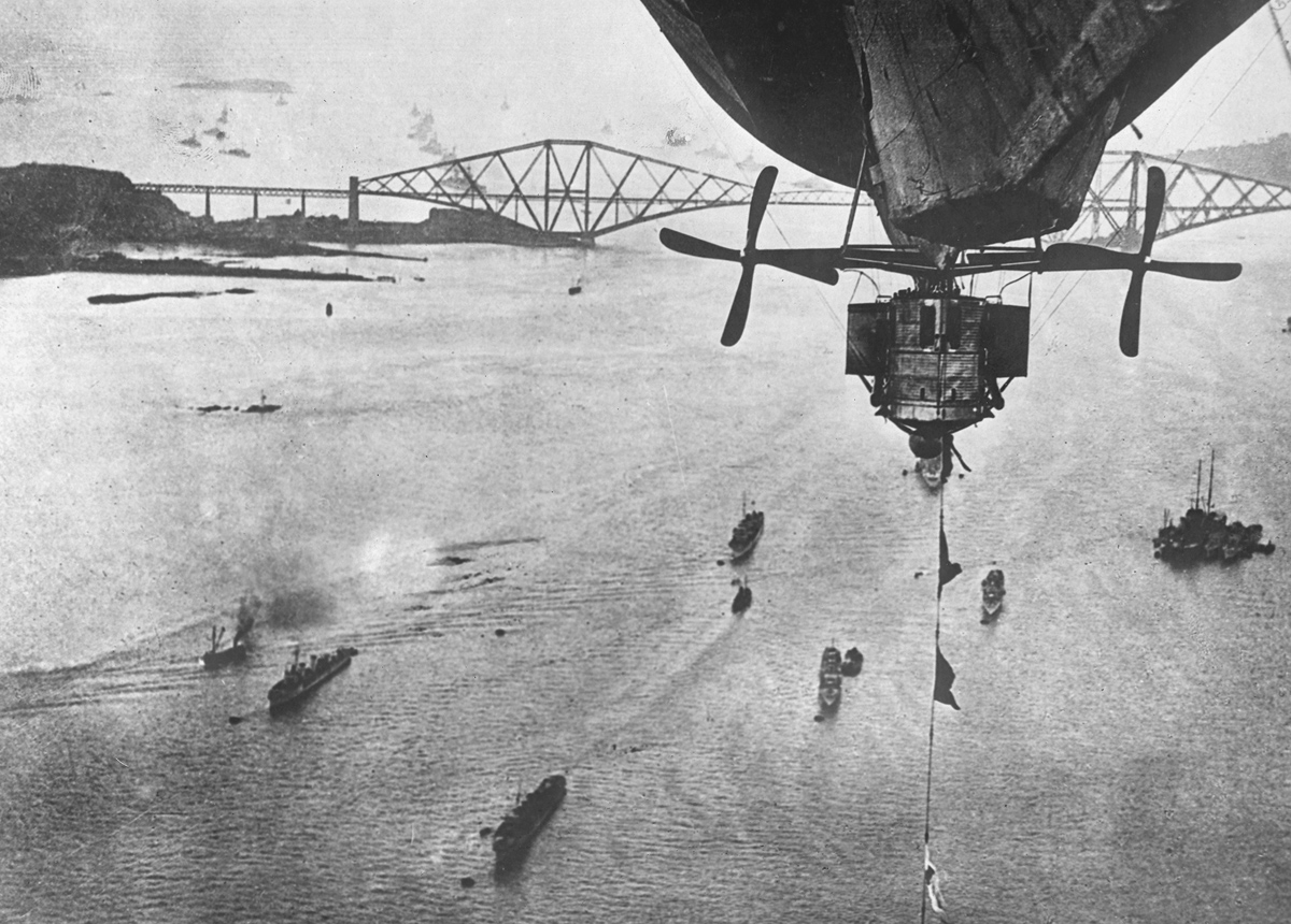 British fleet in the Firth of Forth. Original caption: taken from a rigid balloon showing the English fleet in the Firth of Forth where the German fleet was turned over to the allies. 