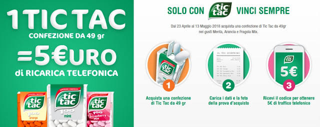 Promozione Tic Tac: ricarica di 5 euro per ogni pacchetto da 49 grammi