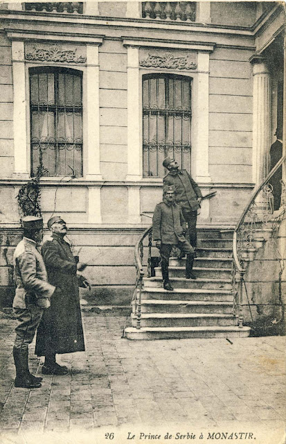 Prince Aleksandar Karadjordjevic and General Sarrail, accompanied by their commanders outside the today's Rector building of University St. Kliment Ohridski, in Bitola in November 1916.