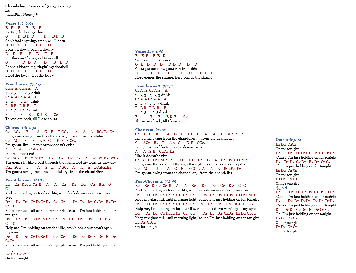 Chandelier Sia Lyrics And Notes For Lyre Violin Recorder Kalimba 