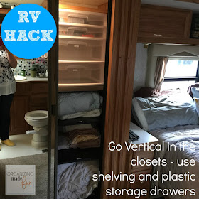 RV Hack - use up that vertical space with shelves ::OrganizingMadeFun.com