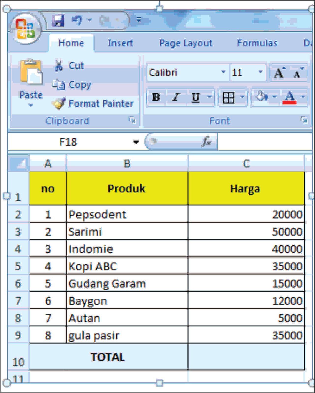 Soal fungsi SUM pada MS Excel