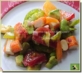 Vie quotidienne de FLaure : Salade de fèves, tomates colorées et bâtons de surimi