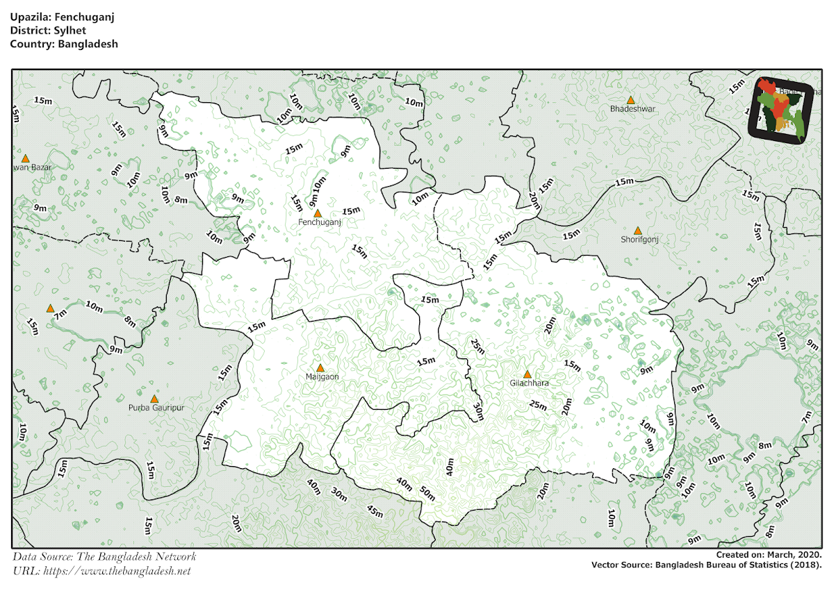  Fenchuganj Upazila Elevation Map Sylhet District Bangladesh