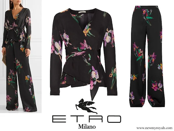 Crown Princess Mary wore ETRO Floral-print silk crepe de chine wrap blouse and Printed satin-crepe wide-leg pants