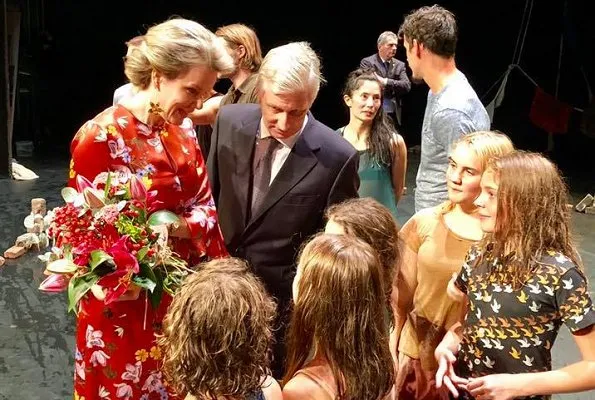 Queen Mathilde wore Erdem Venice Silk Satin Gown and Delphine Nardin Gold leaf earrings at fundraising gala in Antwerp