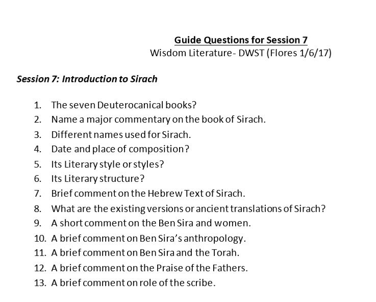 Wisdom Literature Guide Questions for Session 7 Sirach