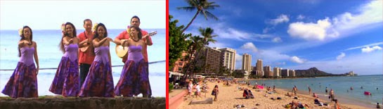 Hula dancers on Waikiki Beach.  A view of Diamond Head.
