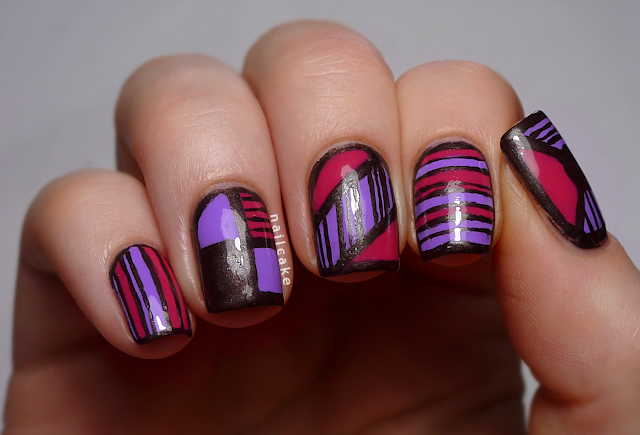 Nail art in mix & match geometric and striped patterns with Illamasqua Jo'Mina, Barry M Shocking Pink & 17 Smokey Marble