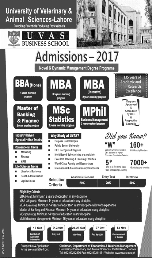 Admissions Open in University of Veterinary and Animal Sciences UVAS - 2017