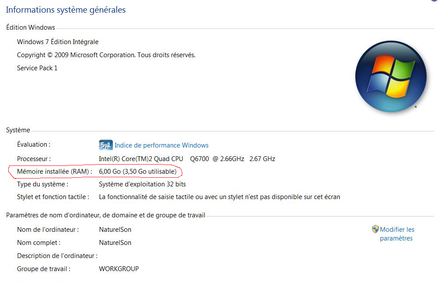 ram utilisable moins de windows 7 installé