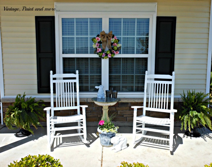 Vintage, Paint and more... Spring flowers, DIY wreath, and sun loving container plants used on a Spring porch