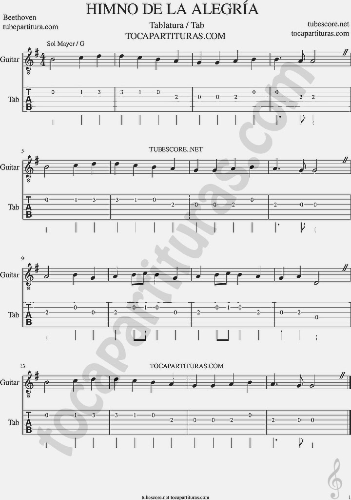 Himno de la Alegría en Sol Mayor Tablatura y partitura del Punteo de Guitarra (tab) by Beethoven  Ode to Joy Tabs Easy sheet music for guitar G Major (con fa sostenido)