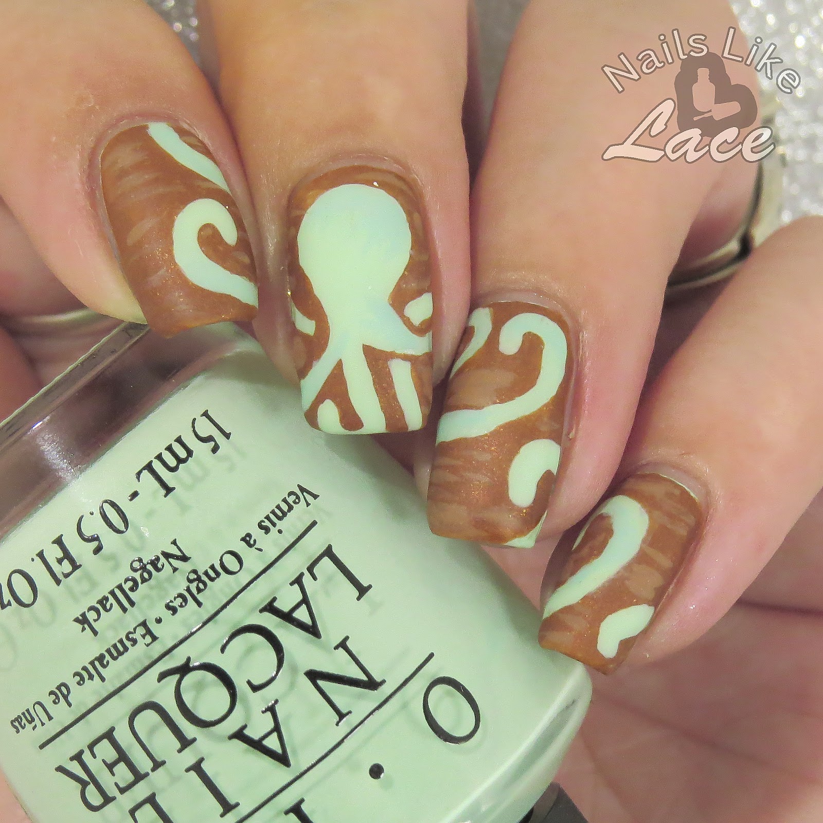 NailsLikeLace Mint Octopus and Wood Grain Nails