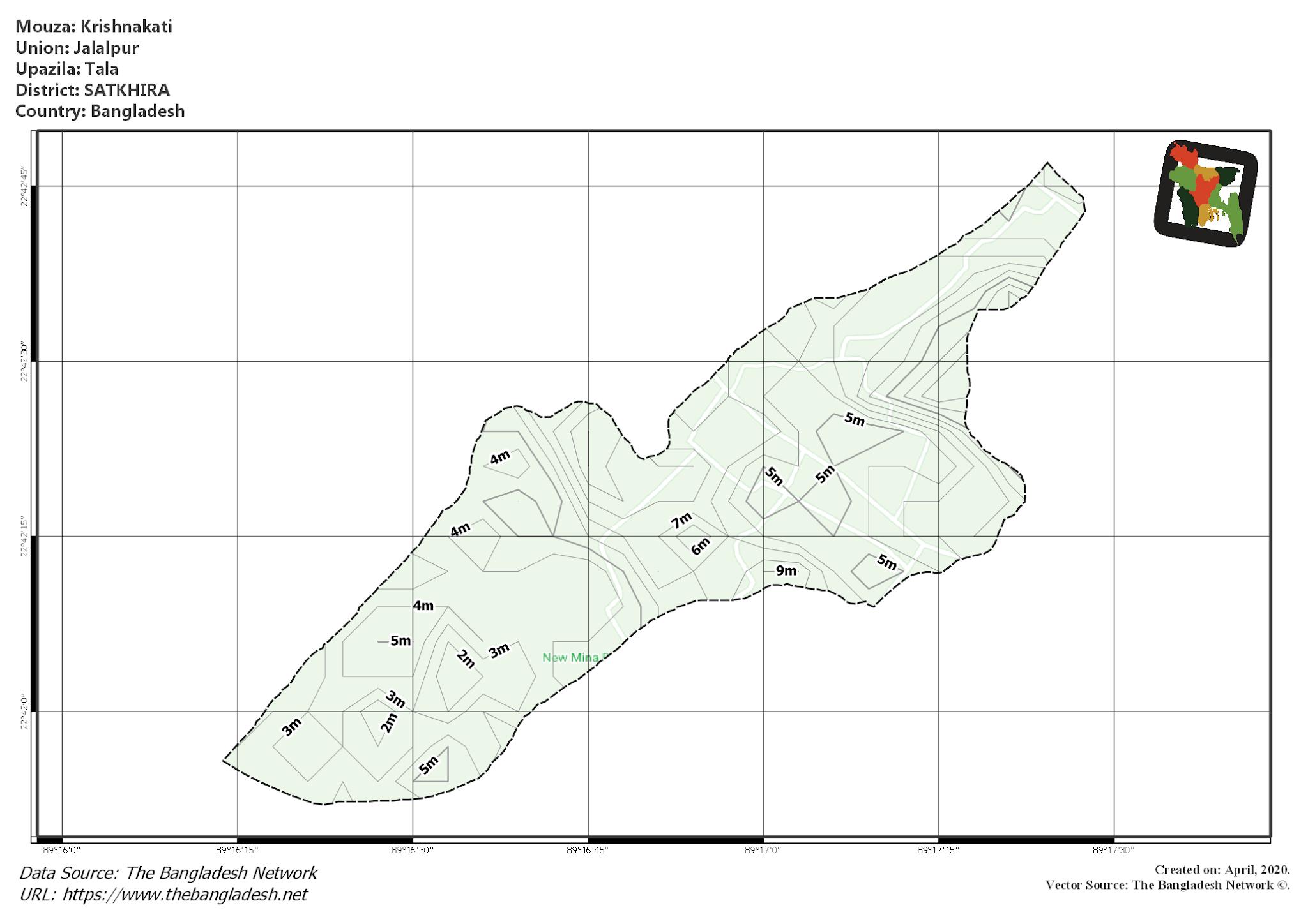 Map of Krishnakati Mouza of Tala Upazila, SATKHIRA, Bangladesh.
