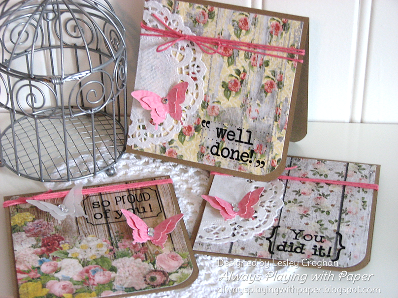 SRM Stickers Blog - 1 Sticker, 4 Cards by Lesley - #stickers #sentiments #congrats #cards #set #doilies #twine
