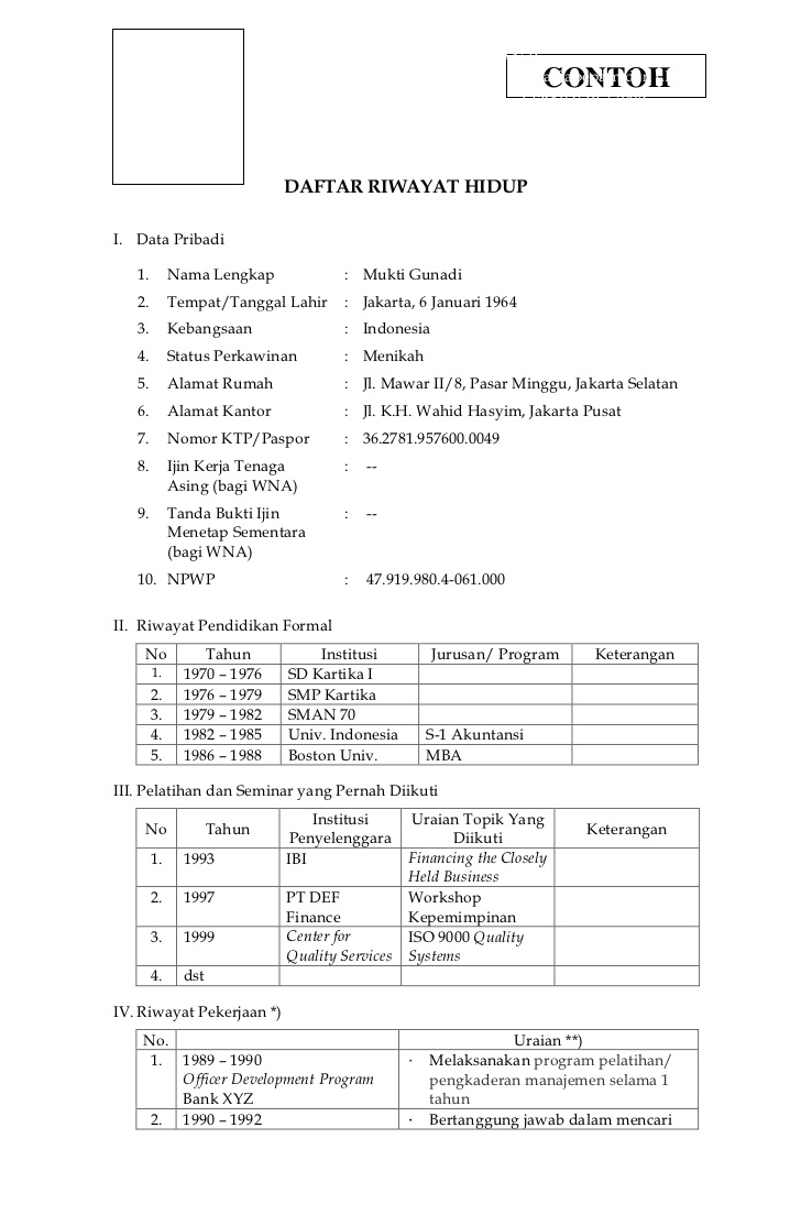 Contoh Daftar Riwayat Hidup Untuk Melamar Pekerjaan Di