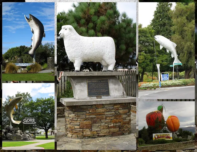 Roadside attractions including giant salmon and sheep in New Zealand