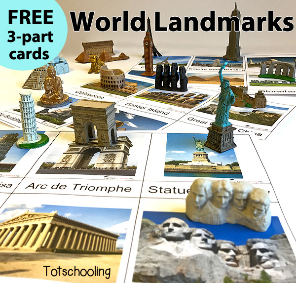 FREE Montessori-inspired world landmarks 3-part cards, perfect for object matching with Safari Ltd TOOB sets. Great geography and social studies activity. Features 17 famous landmarks including Eiffel Tower, Statue of Liberty, Pyramids of Egypt, Great Wall of China, Taj Mahal, Tower of Pisa, Mount Rushmore and more!