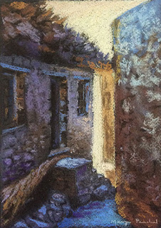 Original soft pastel painting of a morning scene in Nako village, by Manju Panchal