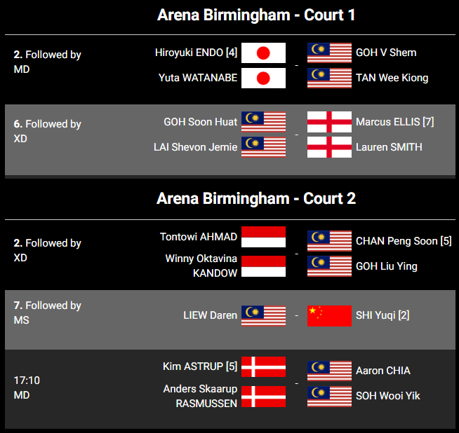 Jadual perlawanan badminton hari ini
