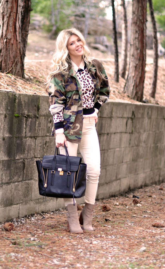 camo jacket, cheetah sweater, neutral outfit