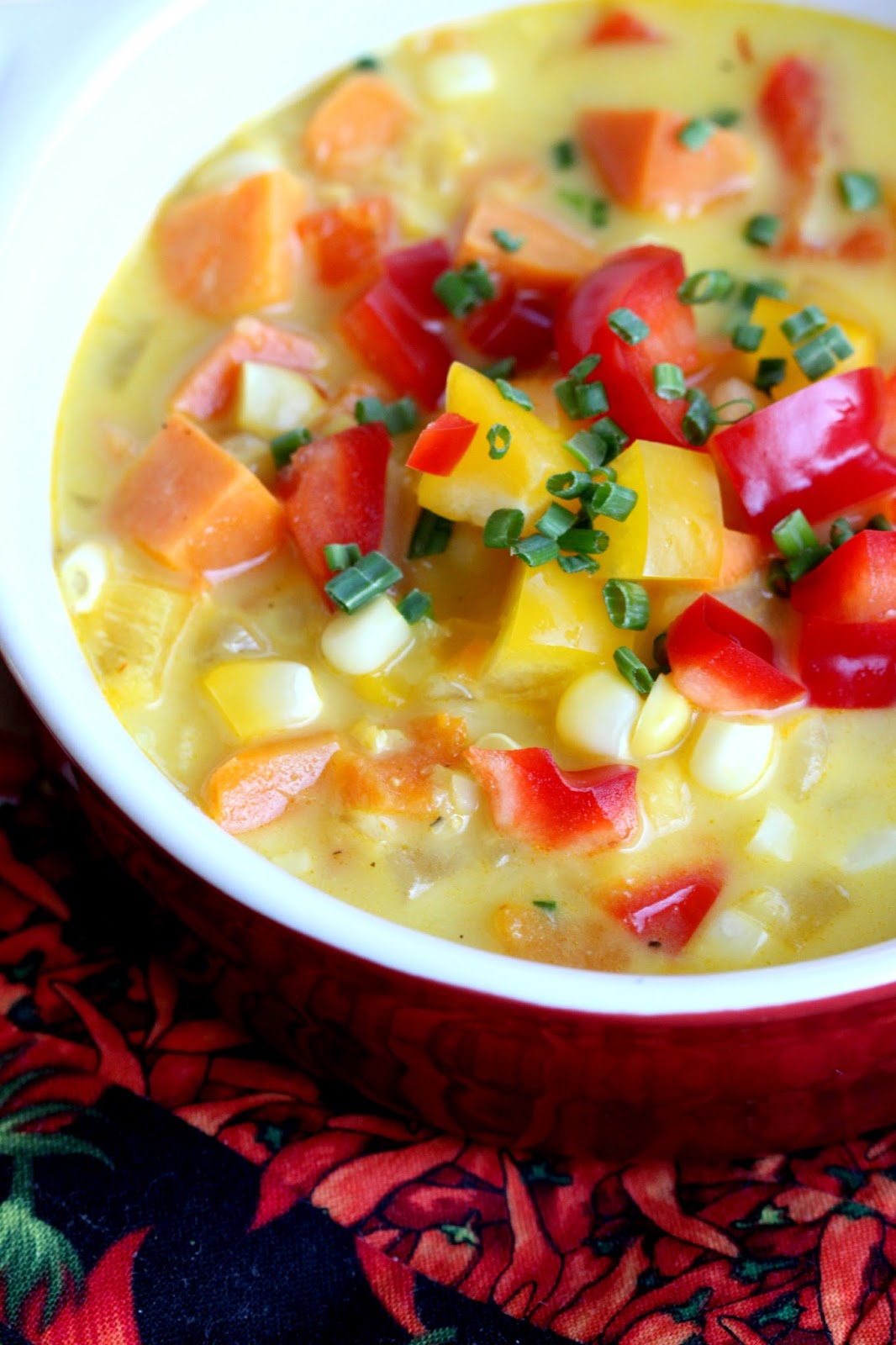 Corn and Sweet Potato Chowder with Saffron Cream (SoupSwapParty)