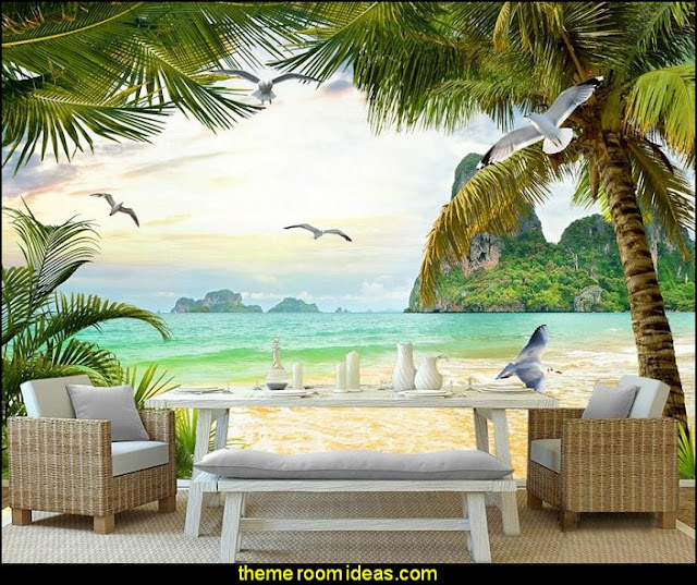 Palm beach  mural  Tropical beach style bedroom decorating ideas - beach bedrooms - surfer theme rooms - tropical theme Hawaiian style decorating - raffia valance window ideas - tropical bedding - tropical wall murals - palm trees decor - tropical bedroom decorating ideas 