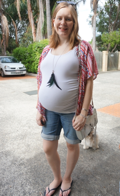 Away From Blue | Jeanswest maternity tank Bermuda denim shorts red choices kimono