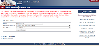 Texas Debt Collection Act online lookup of statute text - Texas Constitution and Statutes website URL 