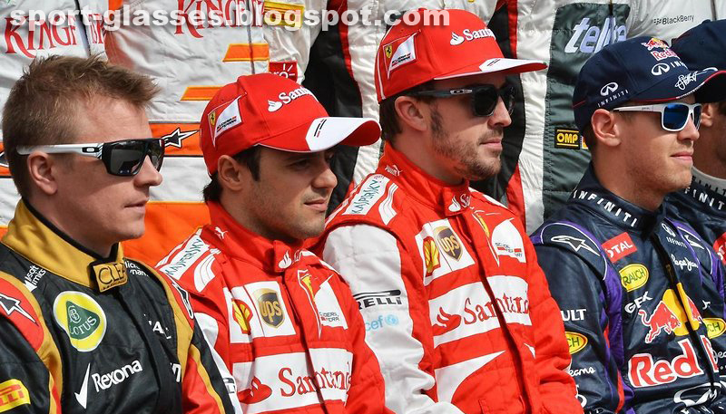 Fernando Alonso wearing Oakley Garage Rock Sunglasses in the Pre-Season Driver's Photo at the Australian GP 2013 (with Kimi Raikkonen wearing Oakley Dispatch Sunglasses)