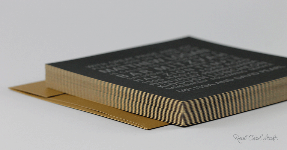 Bar Mitzvah invitation duplexed in black and antique gold by Real Card Studio Duplexed invitation in black and antique gold