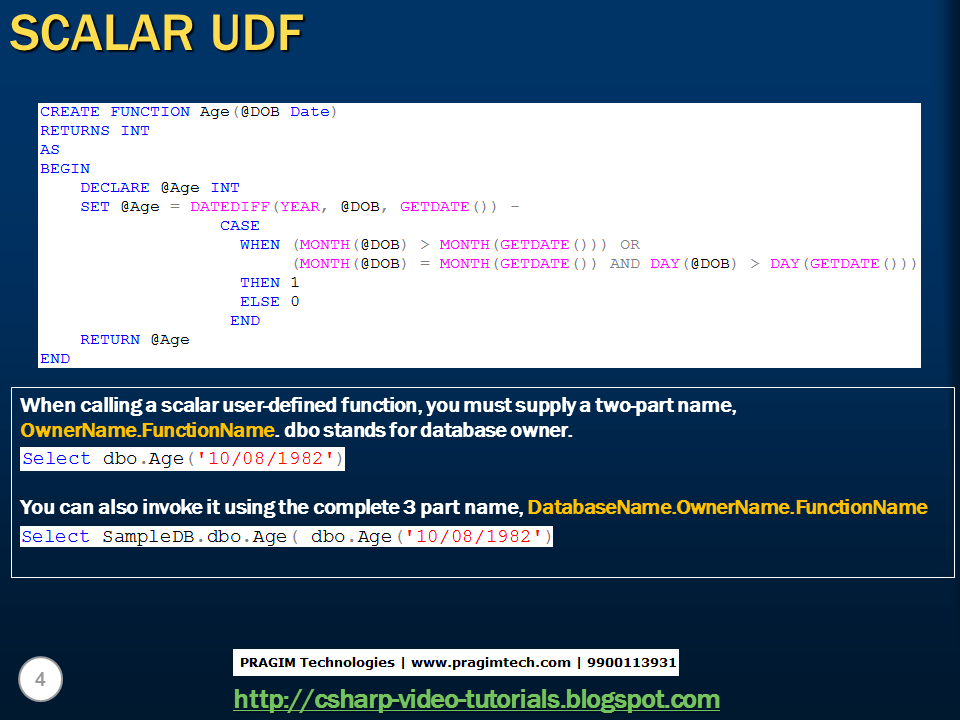 Sql server, .net and c# video tutorial: Part 30 – User defined functions