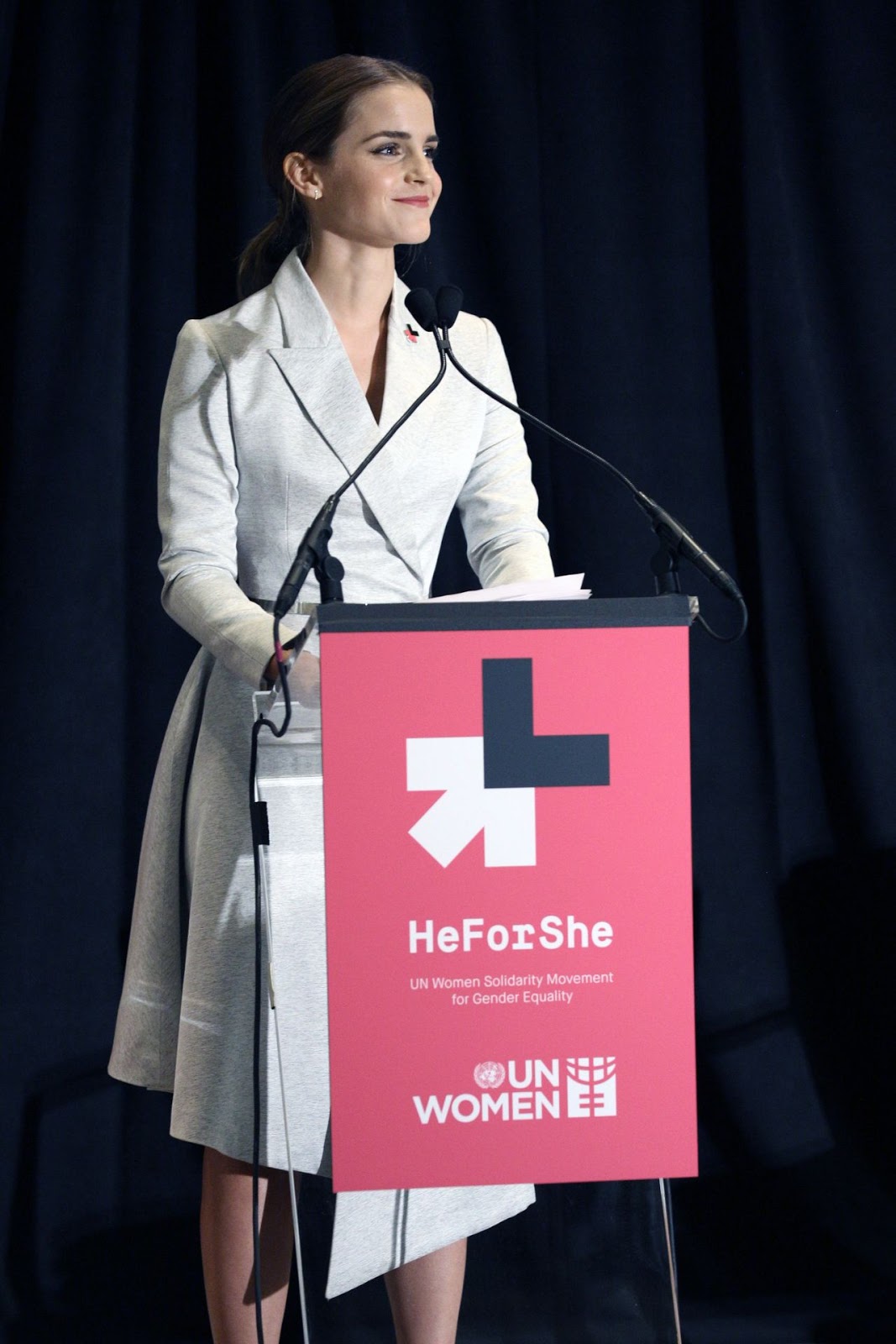 Emma Watson in a belted coat dress at the UN Women's HeForShe Campaign Launch Event in NY