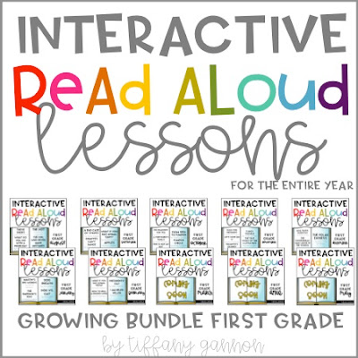 Interactive Read Aloud Lessons for First Grade | Each set of read aloud plans include anchor charts, posters, a daily lesson plan, assessing and advancing questions for partner talk and reading response, vocabulary, mentor sentences, speaking and listening checklists, vocabulary acquisition checklists, and daily and culminating task journal printables, as well as crafts and directed drawing. Get ready for an engaging interactive read aloud!  
