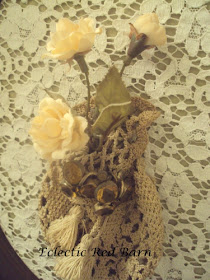 Vintage crocheted purse with clip-on earrings and silk flowers