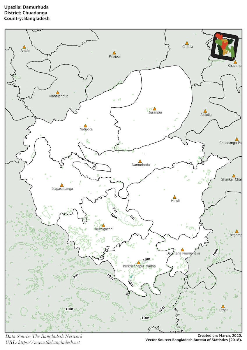 Damurhuda Upazila Elevation Map Chuadanga District Bangladesh