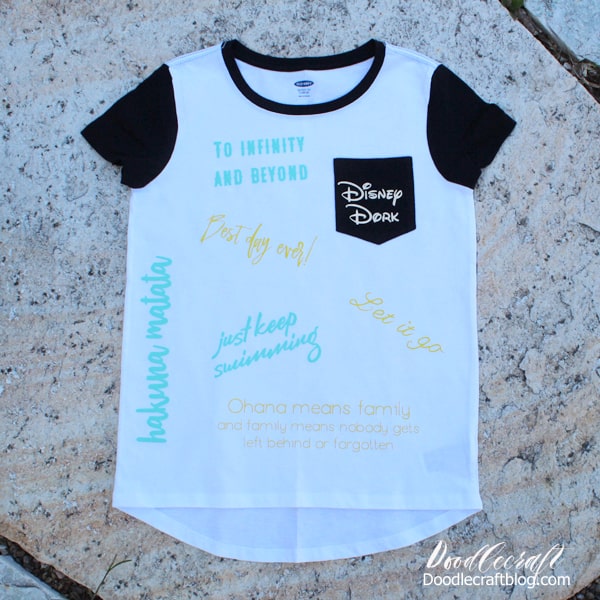 Yellow, mint and gold disney movie quotes arranged and pressed on a black and white shirt for a true Disney Dork.