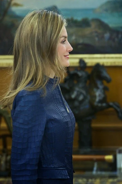 Princess Letizia of Spain attended several audiences at the Zarzuela Palace in Madrid. wore Hugo Boss Leather skirt suit