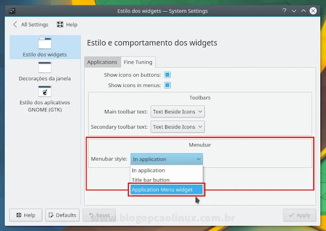 Selecione a opção "Application Menu widget" - Widget do Menu de aplicativos