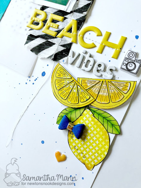 Beach Vibes Layout by Samantha Mann for Newton's Nook Designs, Scrapbook, Mixed Media, Embossing Paste, Stencil, Distress Inks, Ink blending, Machine Stitching #summer #layout #scrapbook #sewing #distressinks #inkblending